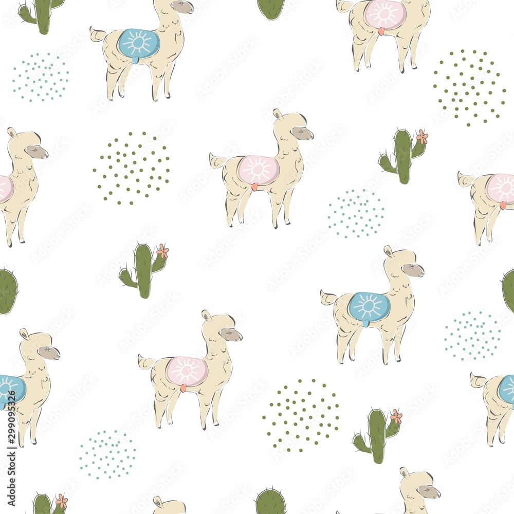 Fototapeta premium Cute seamless pattern with hand drawn couple of alpacas