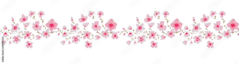 panoramic seamless pattern with cherry blossom branch, floral watercolor illustration isolated on white