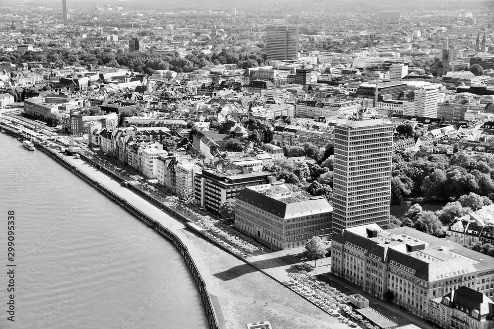 Dusseldorf city, Germany. Black and white vintage style. 