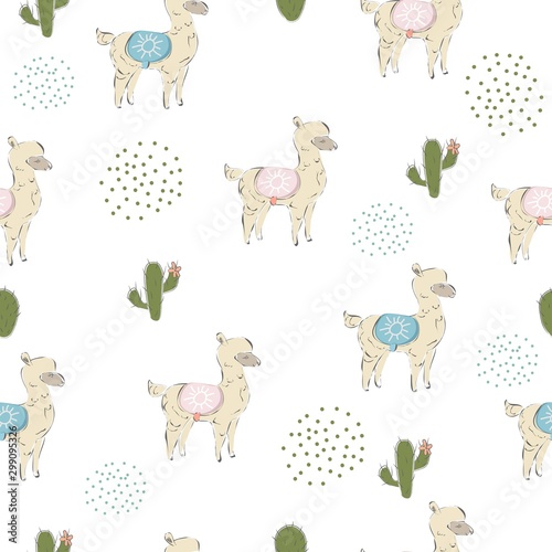 Cute seamless pattern with hand drawn couple of alpacas