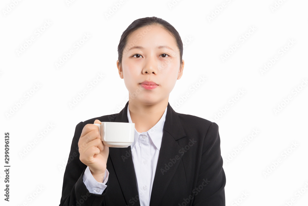 Business woman portrait with cup , isolated. Female model with long hair. Business woman portrait with cup , isolated. Female model with long hair.