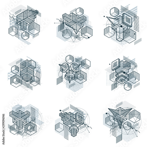 Abstract vector backgrounds with isometric lines and shapes. Cubes, hexagons, squares, rectangles and different abstract elements. Vector collection.
