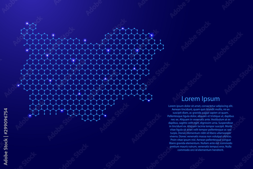 Bulgaria map from futuristic hexagonal shapes, lines, points  blue and glowing stars in nodes, form of honeycomb or molecular structure for banner, poster, greeting card. Vector illustration.