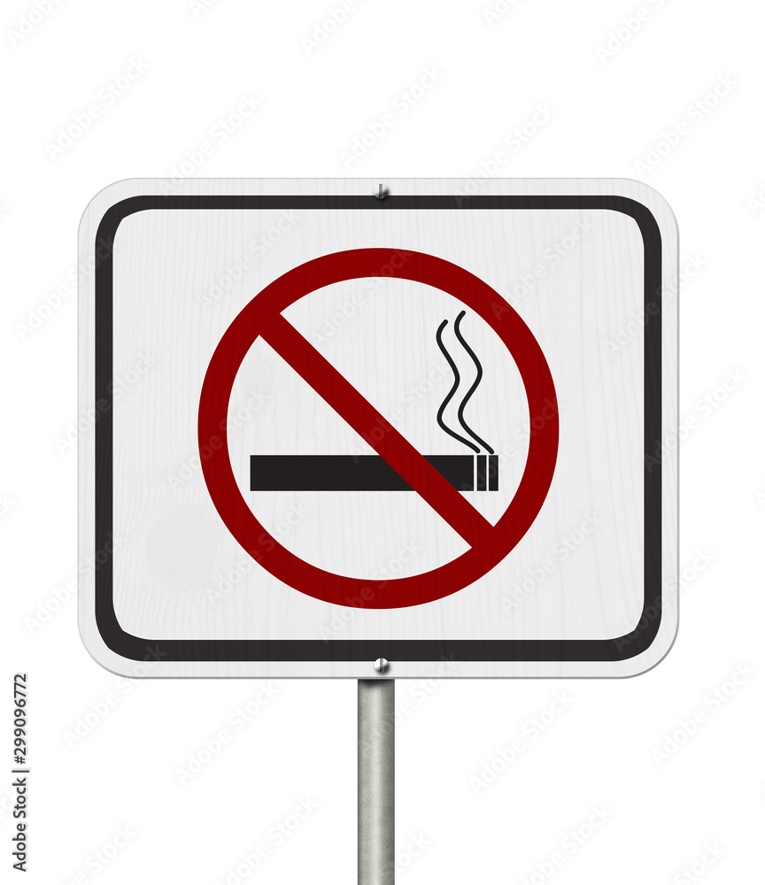 No smoking white road sign with a cigarette and smoke icon No smoking white road sign with a cigarette and smoke icon