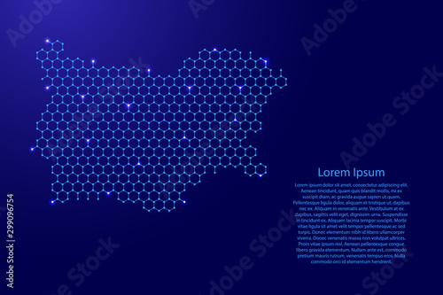 Obraz na plátně Bulgaria map from futuristic hexagonal shapes, lines, points  blue and glowing stars in nodes, form of honeycomb or molecular structure for banner, poster, greeting card
