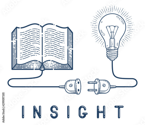 Open book with idea light bulb and cable plug vector linear icon, education and scientific literature library reading line art symbol or logo, electronic book e-book.