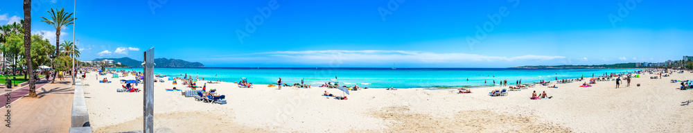 Panorama of beautiful sand beach at Cala Millor coast on Majorca, Balearic Islands, Spain