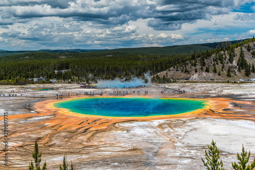 Grand Prismatic Springs and geyser basin landscape at Yellowstone National Park