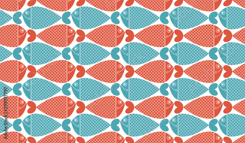 Funny cartoon fishes vector seamless background, cute childish pattern for children textile or wrapping paper or packaging for seafood products.