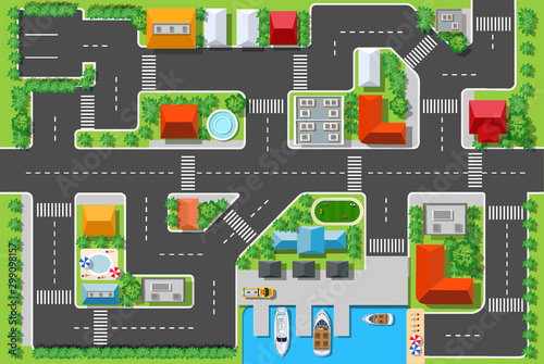Top view of a highway in the city with houses