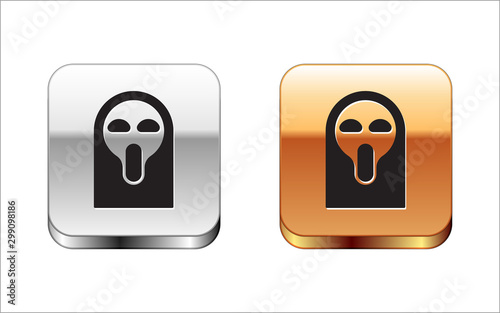 Black Funny and scary ghost mask for Halloween icon isolated on white background. Happy Halloween party. Silver-gold square button. Vector Illustration
