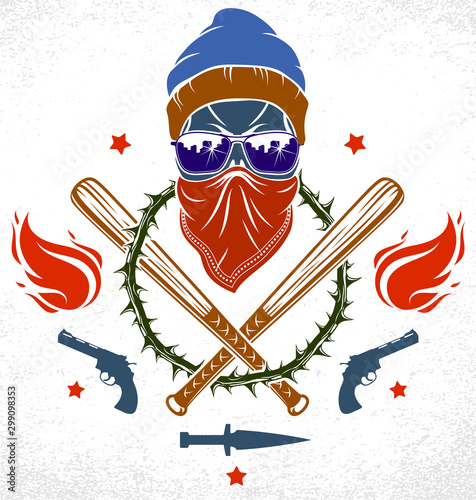Brutal gangster emblem or logo with aggressive skull baseball bats and other weapons and design elements, vector anarchy crime or terrorism retro style, ghetto revolutionary.