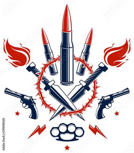 Bullets and guns vector emblem of Revolution and War, logo or tattoo with lots of different design elements, anarchy and chaos concept, criminal and gangster style, social tension theme.
