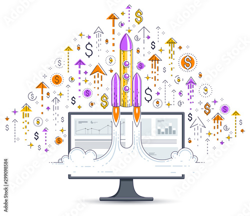 Startup rocket take off over computer monitor and set of icons, space rocket flying start up internet business concept, online finance, marketplace or shop, vector illustration.