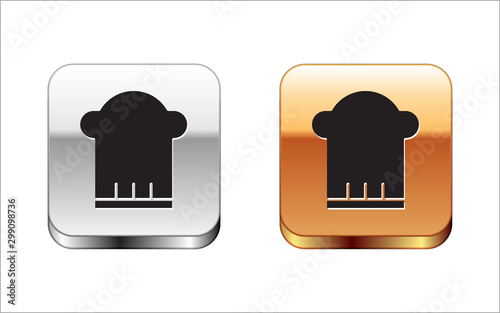 Black Chef hat icon isolated on white background. Cooking symbol. Cooks hat. Silver-gold square button. Vector Illustration