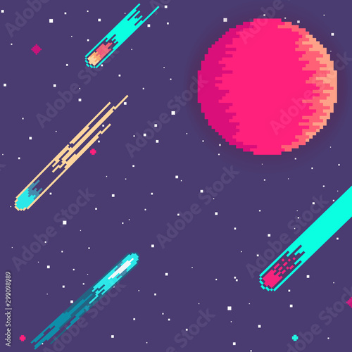 Planet in space. Retro game design interface. Retro computer stars for template or design element with pixel theme. Pixel art background. 8 bit.