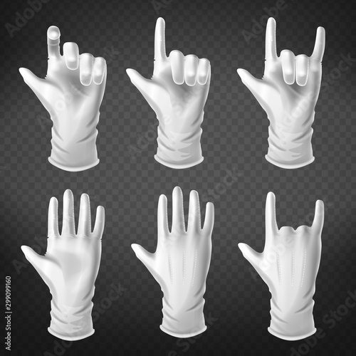 Hand gestures in different positions. Human palm dressed in white glove show, pointing, holding and represent fingers rock symbol isolated on transparent background. Realistic 3d vector illustration