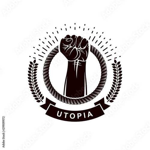 Vector logo composed using strong muscular raised arm surrounded by rope. Proletarian leader abstract symbol.