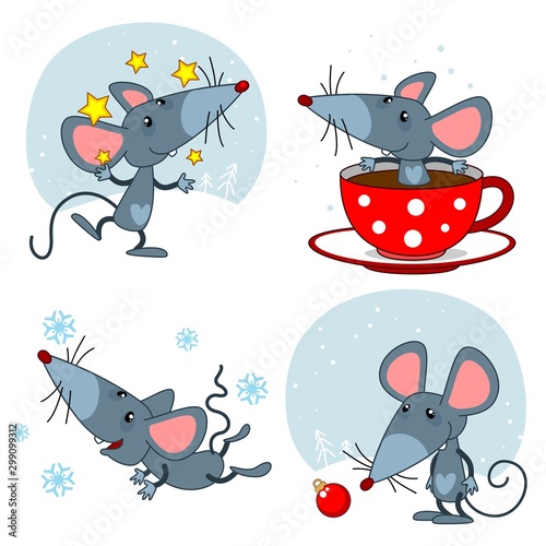 Mouse icon set for calendar design. The mouse juggles with stars, flies and catches snowflakes, sits in a cup of tea and looks at a Christmas tree toy.
