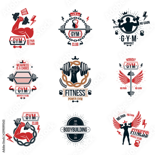 Vector fitness workout theme logotypes and inspiring posters collection created with dumbbells, barbells, disc weights sport equipment and muscular sportsman body silhouettes.