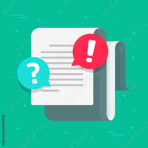 Document and alert or error notification bubble vector icon, flat cartoon long paper text file content with exclamation message or comment symbol, caution or warning attention mark modern design