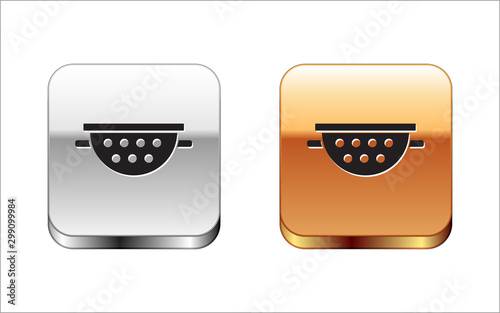 Black Kitchen colander icon isolated on white background. Cooking utensil. Cutlery sign. Silver-gold square button. Vector Illustration