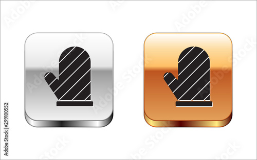Black Oven glove icon isolated on white background. Kitchen potholder sign. Cooking glove. Silver-gold square button. Vector Illustration