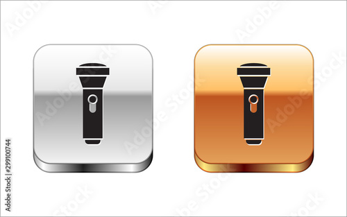 Black Flashlight icon isolated on white background. Silver-gold square button. Vector Illustration