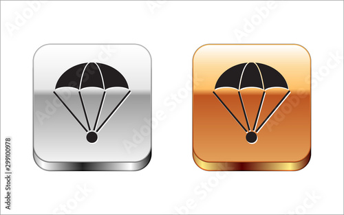 Black Parachute icon isolated on white background. Silver-gold square button. Vector Illustration