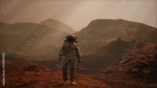 Fototapeta Naklejka Na Ścianę i Meble -  Spaceman walks on the red planet Mars. Space Mission. Elements of this image furnished by NASA