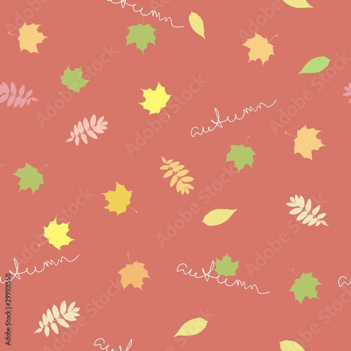 Seamless background with autumn leaves and the words "autumn" on a saturated red background