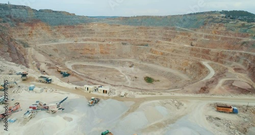 Aerial view of opencast mining quarry with lots of machinery at work - view from above.