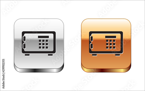 Black Safe icon isolated on white background. The door safe a bank vault with a combination lock. Reliable Data Protection. Silver-gold square button. Vector Illustration