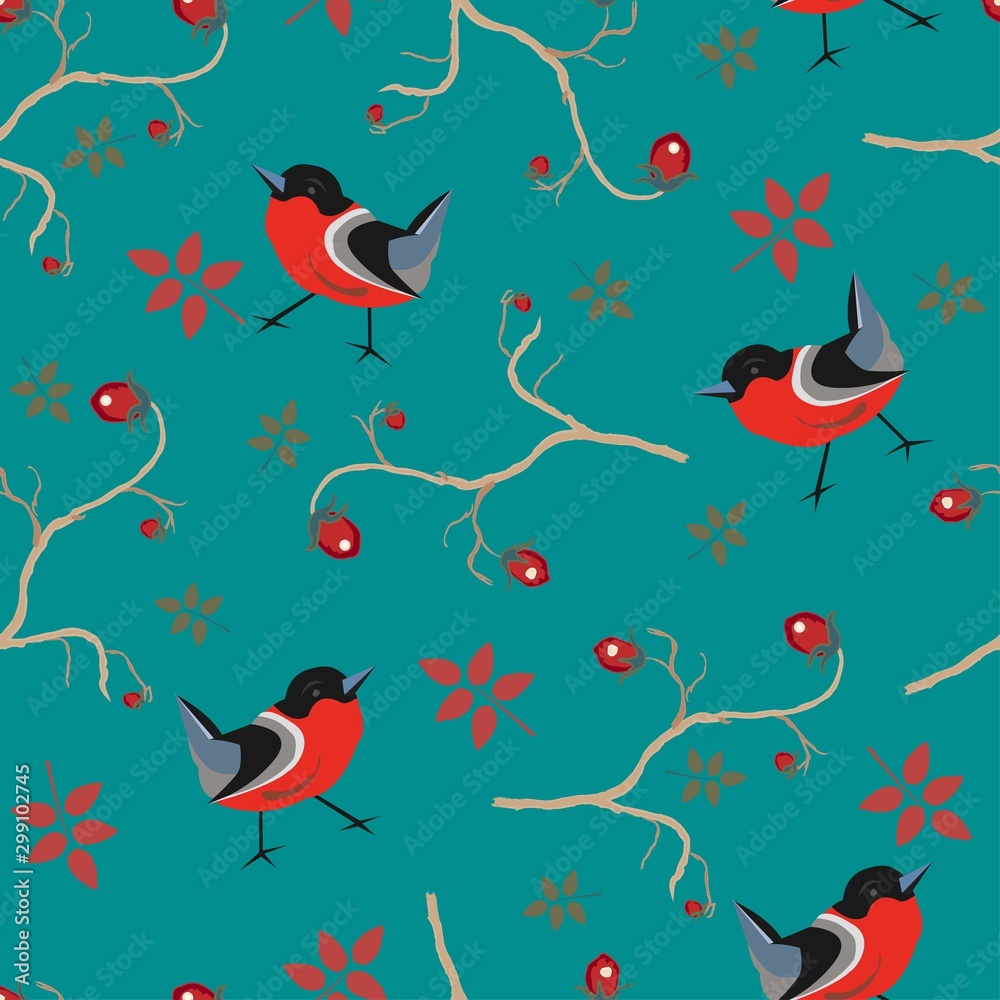 Bird Seamless Pattern. Bullfinch birds on a dark background