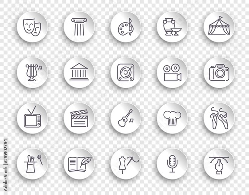 Arts and Entertainment icon set. Collection of vector icons on white stickers with transparent shadows