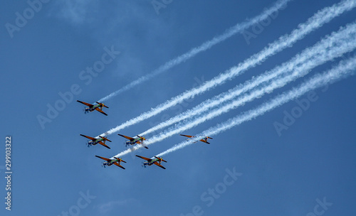 Brasilia, September 19, 2019: FAB, Brazilian Air Force, Smoke Squadron, in the sky of the Brazilian capital, a stunt show commemorating Brazil's Independence Day - September 7