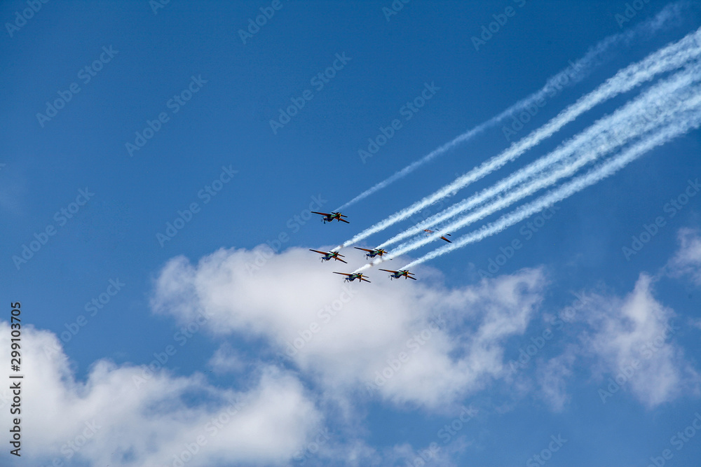 Brasilia, September 19, 2019: FAB, Brazilian Air Force, Smoke Squadron, in the sky of the Brazilian capital, a stunt show commemorating Brazil's Independence Day - September 7