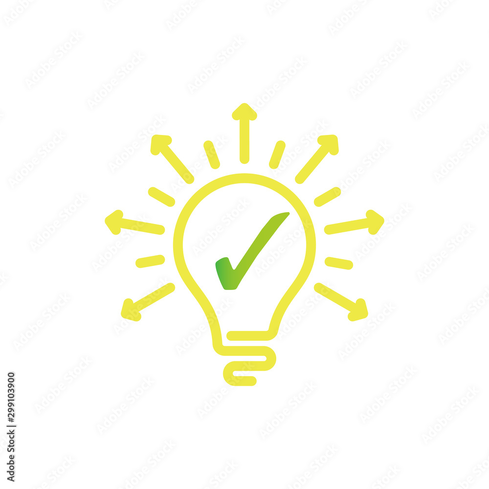 Light yellow Bulb line icon vector, isolated on white background. Lamp with mark. Done Idea sign. Arrows lightning. Lighting Electric lamp. Electricity, shine. Light yellow Bulb line icon vector, isolated on white background. Lamp with mark. Done Idea sign. Arrows lightning. Lighting Electric lamp. Electricity, shine.