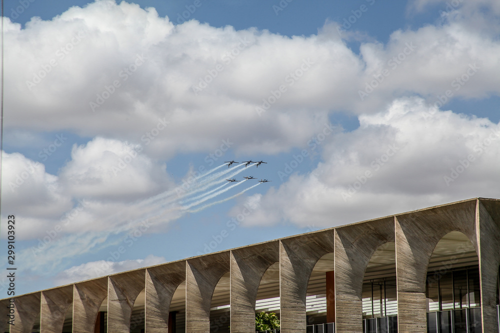 Brasilia, October 29, 2019: FAB, Brazilian Air Force, Smoke Squadron, in the sky of the Brazilian capital, a stunt show and commemorative maneuvers of Brazil Independence Day - September 7 Brasilia, October 29, 2019: FAB, Brazilian Air Force, Smoke Squadron, in the sky of the Brazilian capital, a stunt show and commemorative maneuvers of Brazil Independence Day - September 7