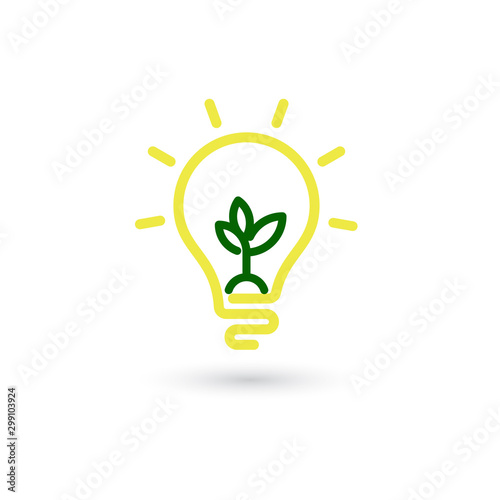 Yellow Light Bulb line icon vector with green plant inside, isolated on white background. Idea sign, solution, thinking, growing concept. Lighting Electric lamp.