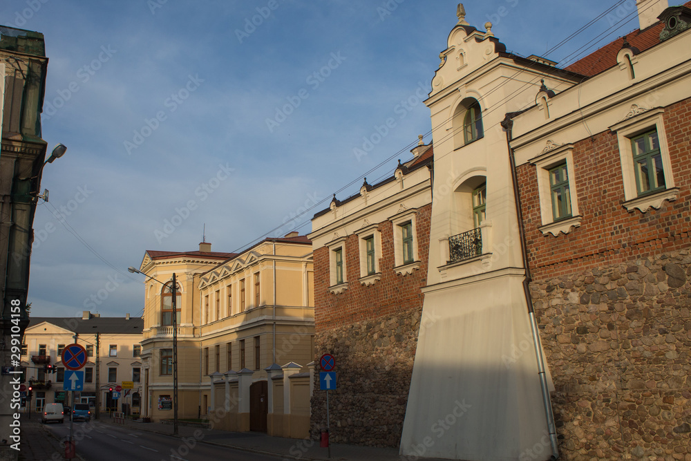 Cityscape of the historical streets of the Old Town in the center of Poland Piotrkow-trybunalski, which is 800 years old: architecture, fortress, churches.