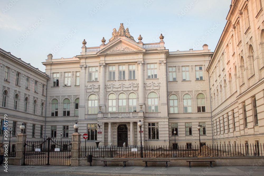 Piotrkow-trybunalski, Poland. Panorama of the district court building. The building is a baroque palace of white stone.