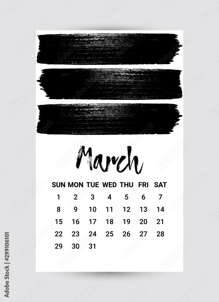 Vector Freehand Calendar 2020. March month. Creative Black and White ...