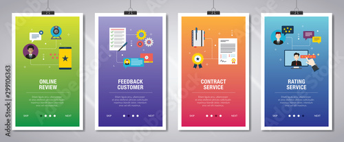 Internet banner set of feedback, review, contract service and rating icons.