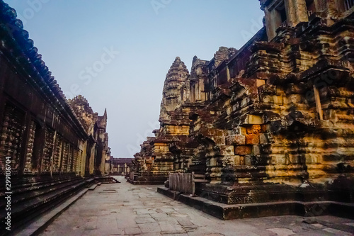 Ancient architecture and ruins of Angkor Wat early in the morning.