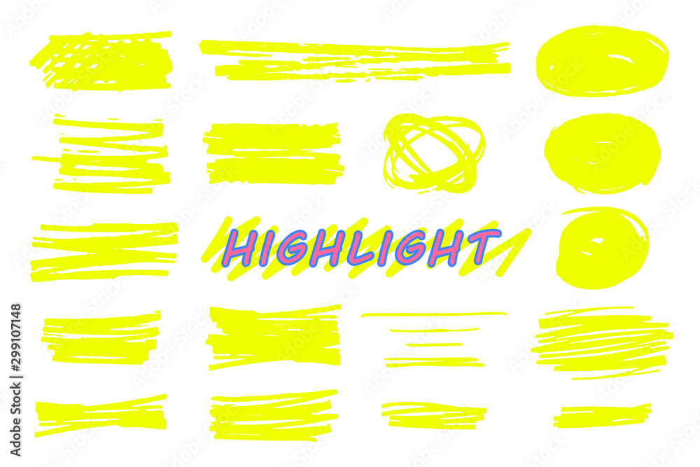 Highlight. Vector yellow marker lines strokes design elements. Objects on an isolated light background. Highlight. Vector yellow marker lines strokes design elements. Objects on an isolated light background.