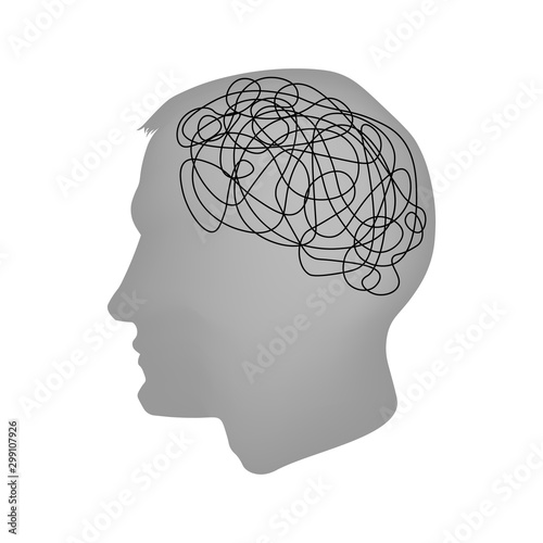 Man searching and thinking of idea through a complicated and chaotic way. Vector artwork depicts haywire, chaos, intellect, mind, and brainwork.