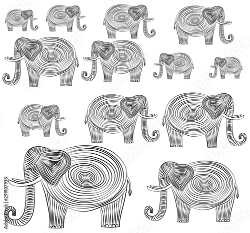 Elephants drawn in black lines and spirals. Elephants with large tusks on a white background. Funny elephants in an unusual drawing technique.