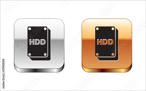 Black Hard disk drive HDD icon isolated on white background. Silver-gold square button. Vector Illustration