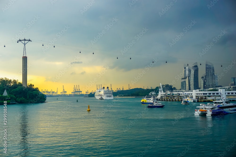 Strait and harbor at sunset in Singapore